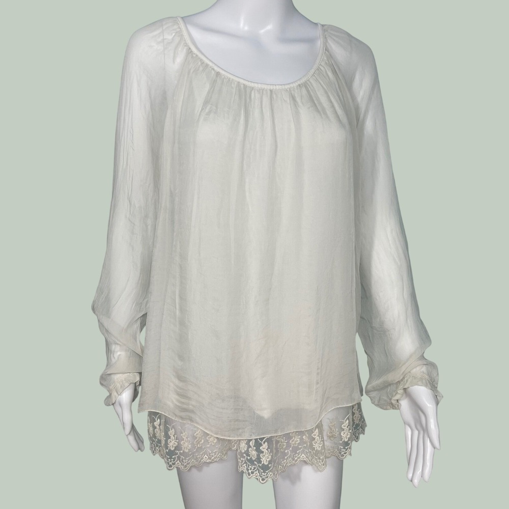 Small Amanti Made In Italy Silk Blend Lace Trim Cream Tunic Top Coastal Cowgirl
